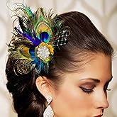Yokawe Peacock Feather Hair Clip 1920s Fascinator with Rhinestone Flapper Prom Hair Accessories for Women