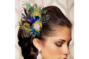 Yokawe Peacock Feather Hair Clip 1920s Fascinator with Rhinestone Flapper Prom Hair Accessories for Women