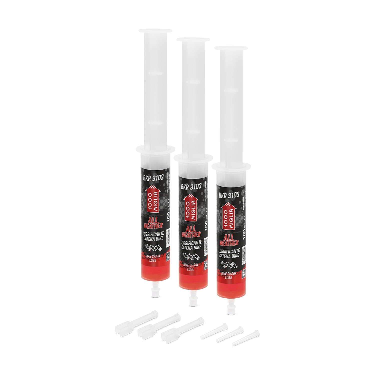 1000 Miglia BKR 3103 ALL WEATHER Lube Bike Chain for all Weather Conditions - 300 ml (3 x 100 ml), Cartridges with Drop and Huggie Application Systems, fluorescent and scented formula
