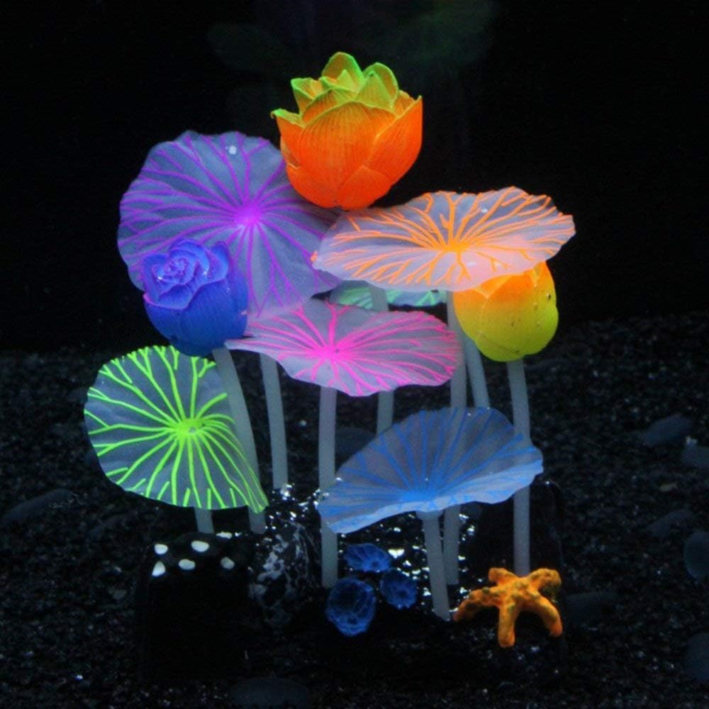 MHS Aquarium Glowing Mushroom Coral Lotus Decorations - Fish Tank Decoration Silicone Ornament,Eco-Friendly Glowing Artificia Aquarium Décor for Freshwater Saltwater Aquarium (3 Lotus 6 Lotus Leaves)