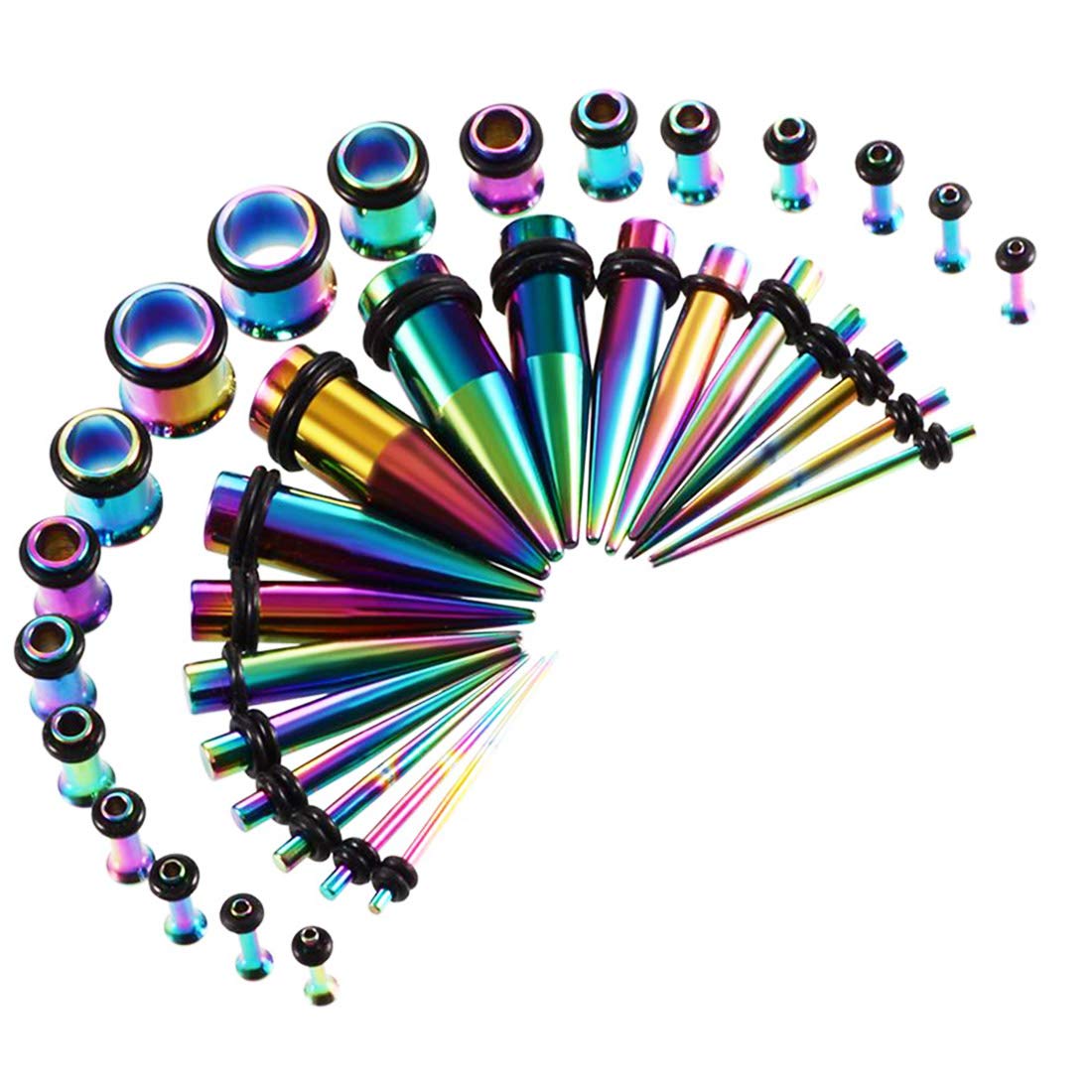 BOOM Ear Stretchers Stretching Tunnels Kit 18Pcs Ear Tapers with Double O-ring + 18Pcs Flesh Tunnel Stainless Steel Single Flared 1.6mm-10mm