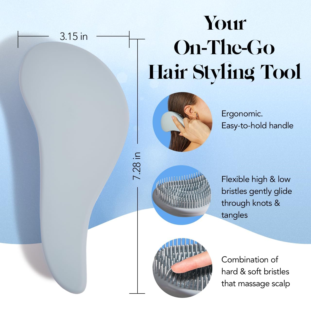 Kitsch Detangler Brush – Gentle Curly Hair Brush with Flexible Bristles for All Hair Types - Wet or Dry | Detangling Hair Brushes for Women & Men, Adults & Kids - Haze Blue