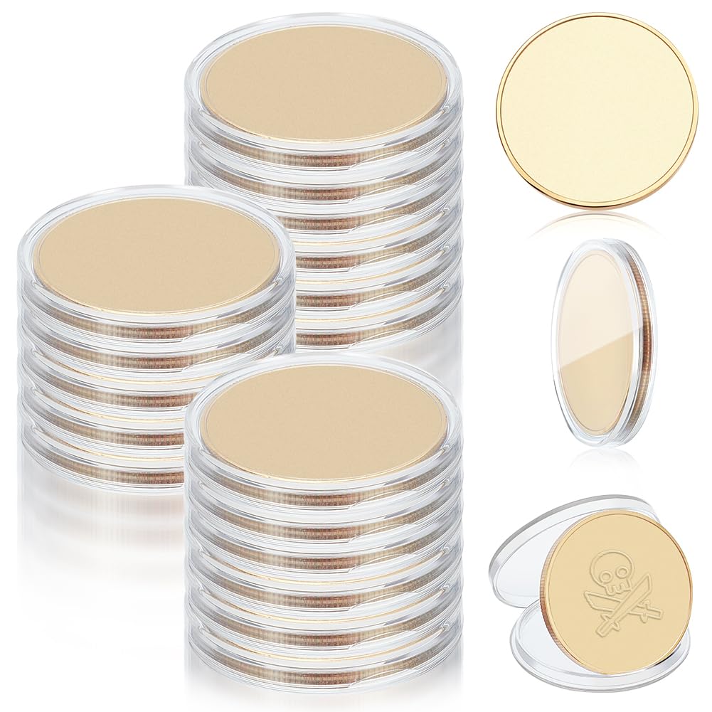 WEBEEDY 20pcs Blank Challenge Coin Metal Stamping Sublimation Blanks Bulk 40mm Engraving Round Tags Threaded Edged Coin for Fiber Laser with Acrylic Protection Box for Valentine's Day Gifts, Gold