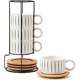 LUKA 6 Ounce Porcelain Stackable Espresso Cups with Saucers and Metal Stand Set of 4, Ceramic Cappuccino Cups Set for Specialty Coffee Drinks, Latte, Cafe Mocha and Tea, Stripes, White
