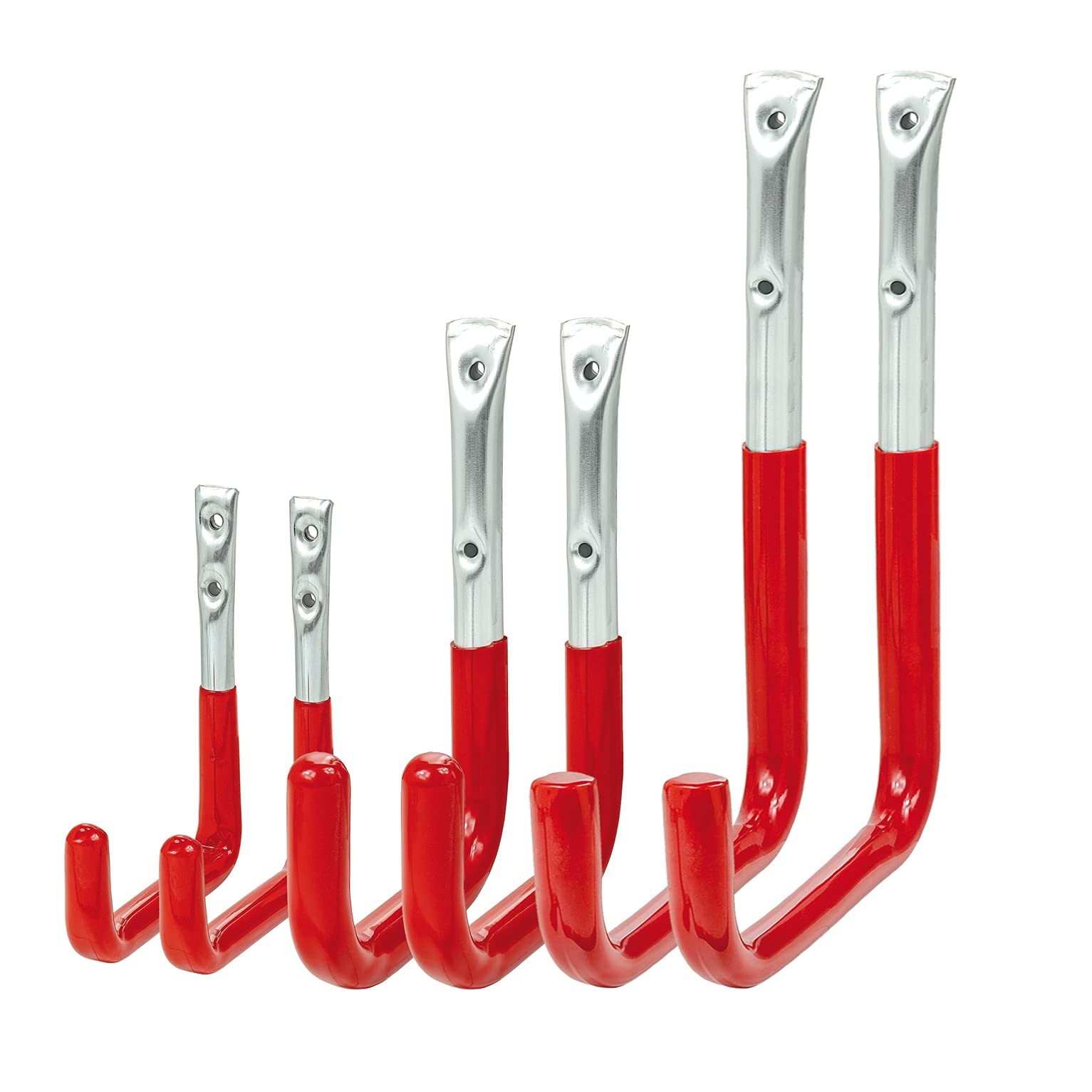 VORMANN Wall Hooks, Equipment Hooks, Garage Hooks, Load Hooks, Load Capacity 22 to 37 kg, Weather-Resistant, U-Shape, 6-Piece Set, 3 Sizes, Red Rubberised