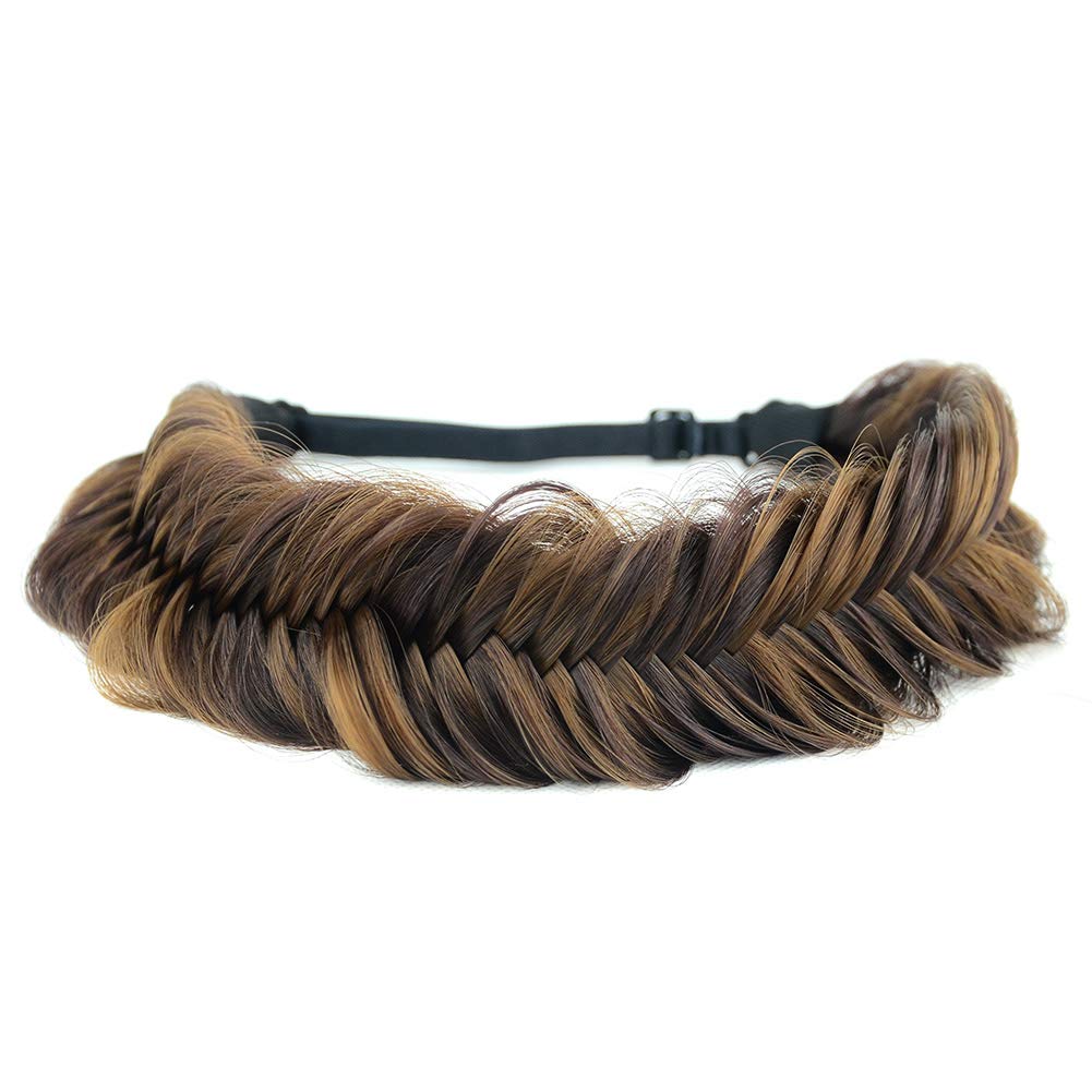 BOBIYA Wide Fishtail Synthetic Hair Braided Headband Classic Chunky Plaited Braids Elastic Stretch Hairpiece Women Girl (Chocolate Toast)