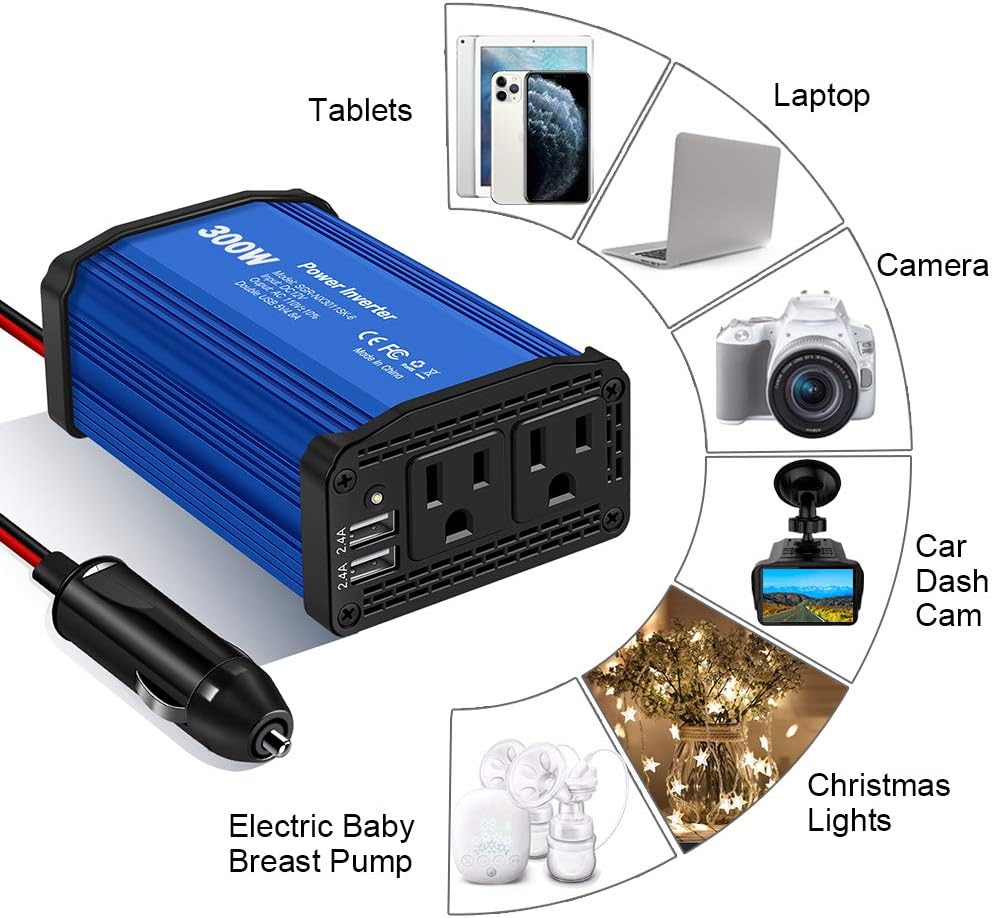 300W Power Inverter DC 12V to 110V AC Car Charger Converter with 4.8A Dual USB Ports (Blue): Car Electronics