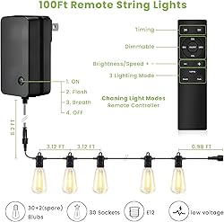 RTTY 100FT Outdoor String Lights with Remote, Led