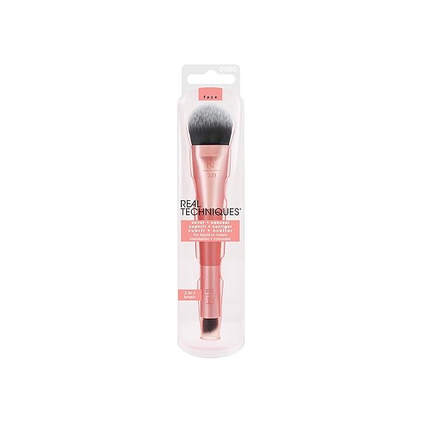REAL TECHNIQUES COVER & CONCEAL DUAL ENDED 2-IN-1 MAKEUP BRUSH, FOR FLAWLESS FOUNDATION COVERAGE, SMOOTHS AND CONCEALS, COVERS BLEMISHES AND IMPERFECTIONS, FLAWLESS RESULTS, ORANGE, 1 COUNT