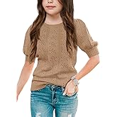 Batermoon Girls' Puff Short Sleeve Sweaters Crewneck Hollow Out Knit Pullover Tops