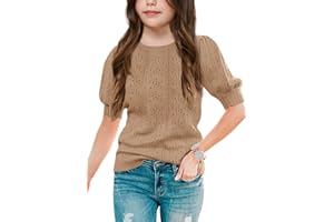 Batermoon Girls' Puff Short Sleeve Sweaters Crewneck Hollow Out Knit Pullover Tops