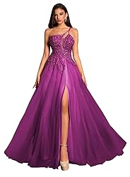 Elegant A Line Grape Prom Dresses Long with Slit
