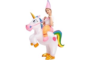 Spooktacular Creations Kids Halloween Inflatable Costumes, Riding a Unicorn, Colorful Air Blow-up Deluxe Set with Hat, Ride-on Halloween Costumes (White, 4-6 Yrs)