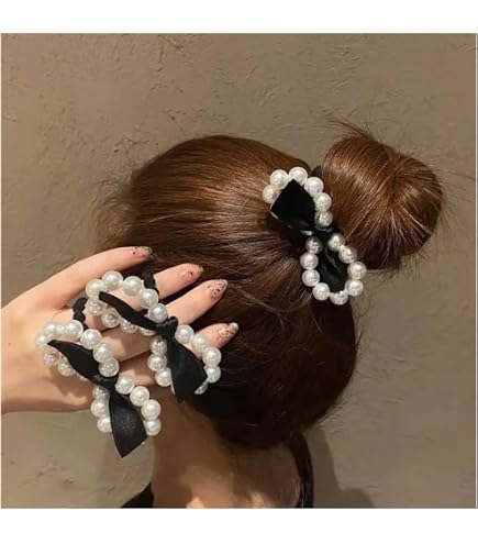 Amazon.com : W WEILIRIAN Black Bow Hair Ties Pearl Bow  display picture 2
