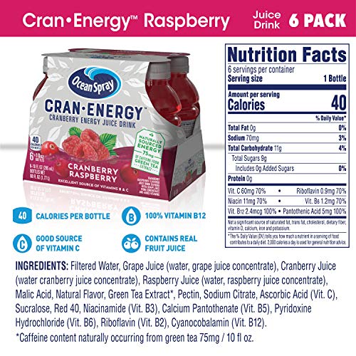 OCEAN SPRAY CRAN-ENERGY, CRANBERRY RASPBERRY ENERGY JUICE DRINK, 10 OUNCE BOTTLES, 6 COUNT