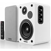 MEVOSTO White Powered Bookshelf Speakers: 5-Inch Stereo for PC and Office | Leather-Textured Finish - USB Digital Audio for Computers; BT5.4/RCA/AUX; 1-Inch Silk-Dome Tweeters + Bass/Treble + Remote