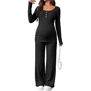 BLENCOT Maternity Clothes Ribbed Long Sleeve Sets Button 2 Piece Outfits | Fall Casual Comfy Knit Pajamas, Pregnancy Loungewe
