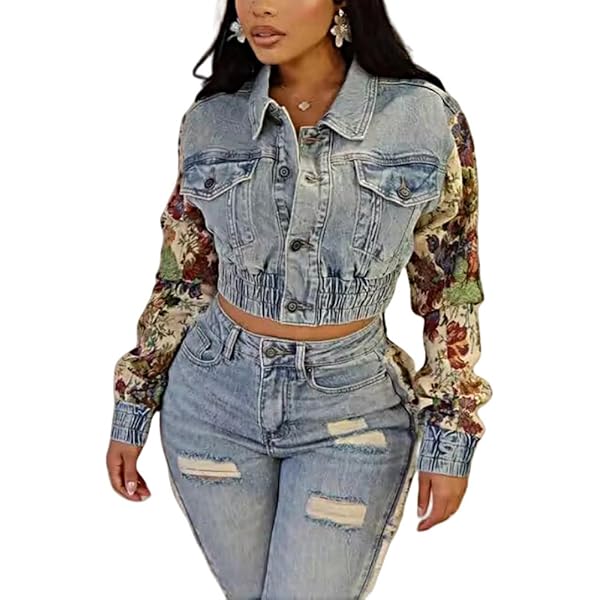 TACSTRUN Women's Patchwork Denim Set Floral Long Sleeved Crop