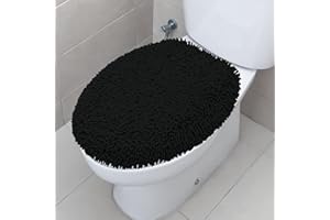 TREETONE Shaggy Chenille Bathroom Toilet Lid Cover, Ultra Soft Plush Seat Covers, Fluffy Absorbent, 19x21 Inches, Standard Toilet Lids for Bathroom Machine Wash & Dry, Black