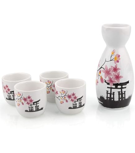 thumbnail image 2 of Hand-Painted Japanese Sake Set - 5 Piece Ceramic Collection With White And Pink Floral Design 2 of 3