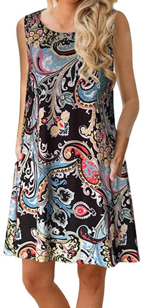 Sherosa Womens Summer Floral Print Sleeveless Sundress/Short Sleeve Pockets Casual Loose Swing T-Shirt Dress