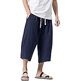 MAGNIVIT Men's Linen Cotton Capri Pants Loose Fit Elastic Waist Wide Leg Baggy Harem Pants