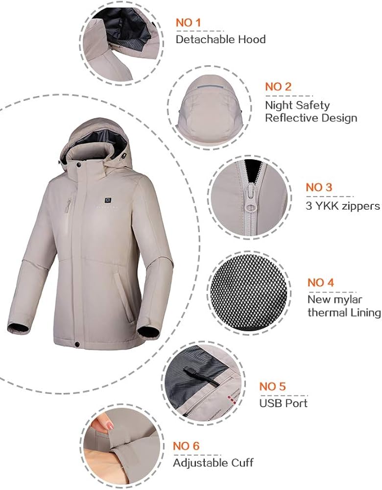 Gorich Women's Heated Jacket with Battery Pack, Heated Coat with Detachable Hood and Waterproof& Windproof: Clothing
