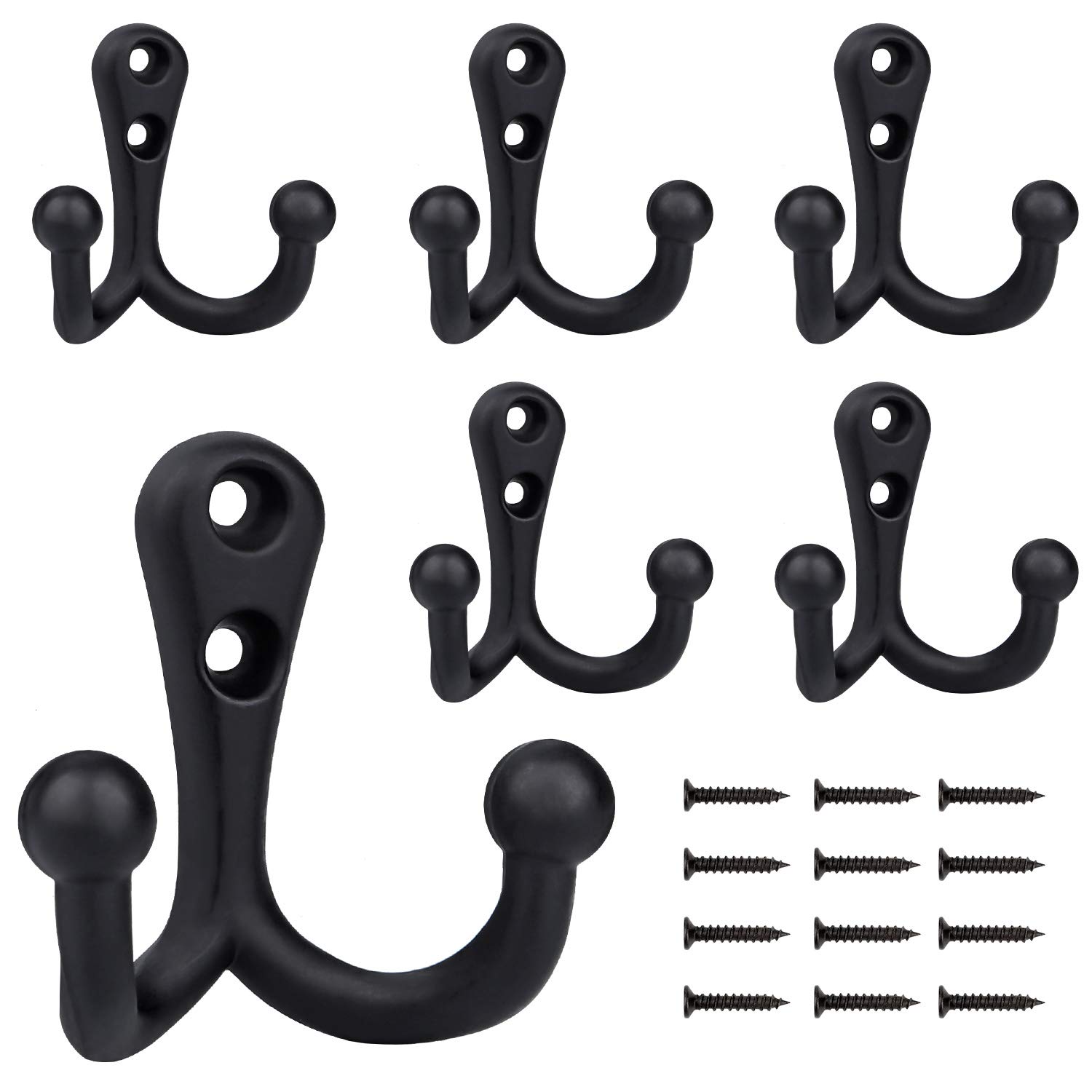 BIGLUFU Coat Hooks Heavy Duty Double Prong Wall Mounted with 12 Screws Retro Double Robe Hooks Utility Hooks for Coat, Scarf, Bag, Towel, Key, Cap, Cup, Hat (Black) (6 Pack)