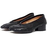 KOKOMOMO Black Split Toe Ballet Heels for Women Japanese Tabi Shoes Cylindrical Low Heels Pumps Chunky Block Heel Office Wedding Party Dress Shoes 1.2 INCH