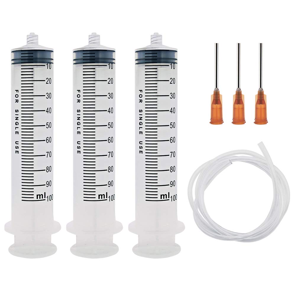 Shintop 100ml Syringe with 15G 1 Inch Blunt Tip Needles and Long Plastic Tubing for Liquid, Oil or Glue Applicator, Experiments, Industrial Use (Pack of 3)