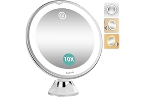 Auxmir Upgraded 10X Magnifying Lighted Makeup Mirror with 3 Color Lights, Touch Control, Dimmable Lighted Vanity Mirror with Power Suction Cup, 360° Swivel, Portable Bathroom Mirror for Home Travel