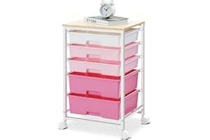 SYKIARIOL Utility Cart with 5 Drawers,Storage Drawer Cart with Wooden Tabletop and Lockable Wheels,5 Drawer Rolling Cart with Large Capacity,Pink