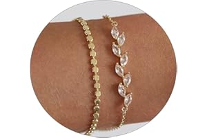 CAROVO Gold Bracelets for Women, 14k Gold Plated Bracelet for Women Bracelets Sets Dainty Herringbone Paperclip Satellite Box Link Chain Anklet Bracelet Jewelry for Gifts.