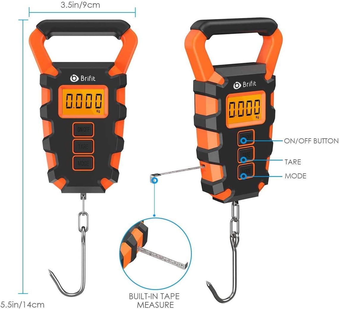 Brifit Digital Fishing Scale with Ruler, 15g/50kg Electronic Digital Luggage Scale, 110lb Max Fishing Postal Hanging Hook Scale with Measuring Tape, Backlit LCD Display (Batteries Included): Kitchen & Dining