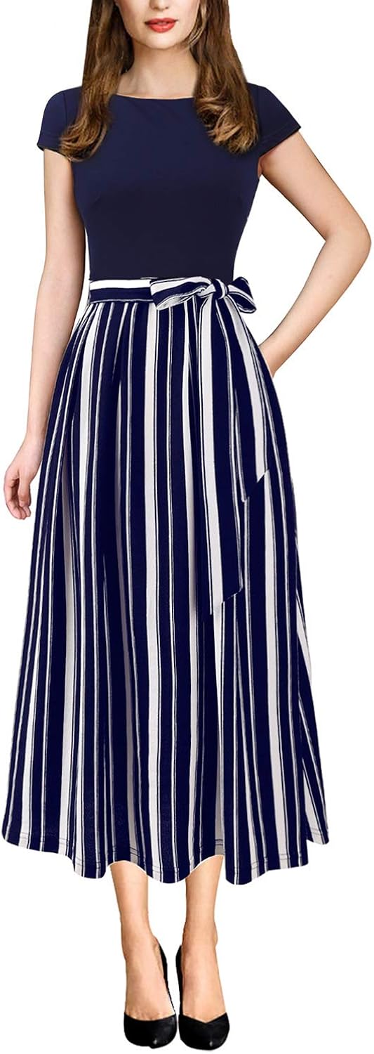 VFSHOW Womens Elegant Patchwork Pockets Print Work Casual A-Line Midi Dress