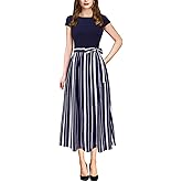 VFSHOW Womens Elegant Patchwork Pockets Belted Pleated Work Office Business Casual Party A-Line Midi Dress