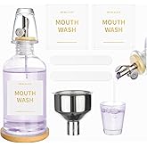 RELBRO Glass Mouthwash Dispenser for Bathroom, Clear, 11.8 OZ, 1 Pcs | Reusable Mouthwash Container with Cup, Auto Pour Spout, Bamboo Tray, Funnel, Labels, Flexible Placement, for Soap Oil Vinegar