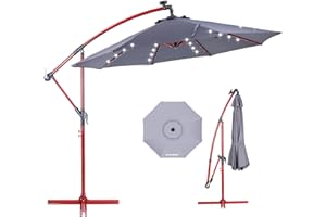 EchoSmile 10ft Solar Offset Umbrella With 8 Ribs and 32 Led Lights Cantilever Hanging Outdoor Umbrella w/easy Tilt Adjustment & Uv Protection Suitable For Gardens, Lawns, Decks, Backyards, Gray