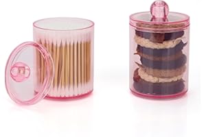 DAPOWER 2 Pack Qtip Holder Vanity Storage Canister for Cotton Ball Cotton Swab Pads Floss, 10-Ounce Clear Plastic Apothecary Jar with Lid, Bathroom Organizers and Storage (2)