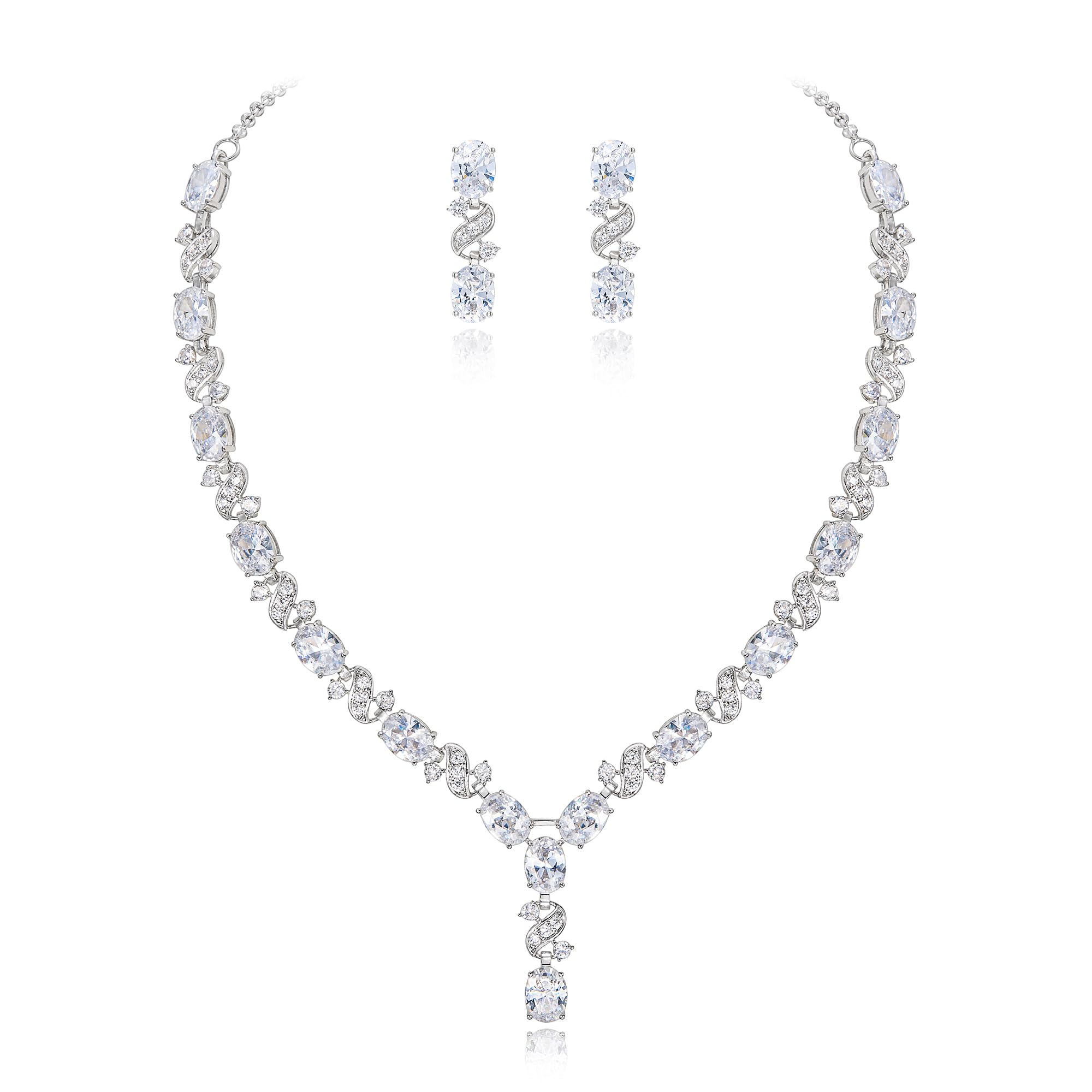 Clearine Women's Wedding Bridal Cubic Zirconia Infinity Y-Shape Tennis Necklace Dangle Earrings Set Clear Silver-Tone