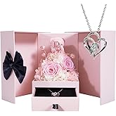 JoyFlower Preserved Flowers Bear with Necklace Gifts for Girlfriend, Pearl Rose Cupid Bear with Necklace Birthday Gifts for Mom Wife Grandma Her, Eternal Roses Mother's Valentine's Day