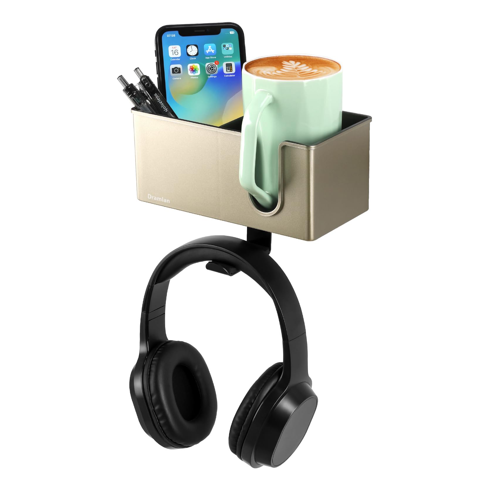 DramLan Desk Organizer with Headphone Hanger Desk Cup Holder for Storage Beverages Clip on Cup Holder Rotating Headphone Hanger and Detachable Storage (Champaign Gold)