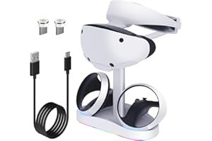CHARM FOCUS Charging Station for PS VR2, Dual Fast Charging Dock for Playstation VR2 Accessories with RGB Light, Controller VR2 Charging Station with VR Headset Holder Display Stand, Magnetic Clasp, USB C Cable