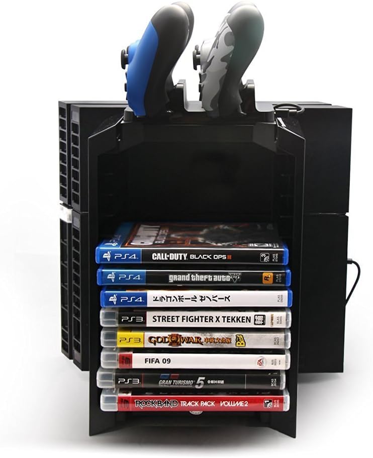 PS4 Multifunctional Game Disk Storage Tower Holder for Playstation 4 Console and DualShock 4 Controllers Stand for PS4 Pro / PS4 / PS4 Slim / X-one S
