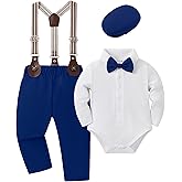 YUEMION Baby Boy Clothes Wedding Outfit Infant Tuxedo Gentleman Suits Dress Shirt+ Beret Hat +Suspender Pants +Bowtie 0-18M