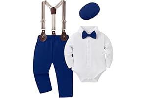 YUEMION Baby Boy Clothes Wedding Outfit Infant Tuxedo Gentleman Suits Dress Shirt+ Beret Hat +Suspender Pants +Bowtie 0-18M