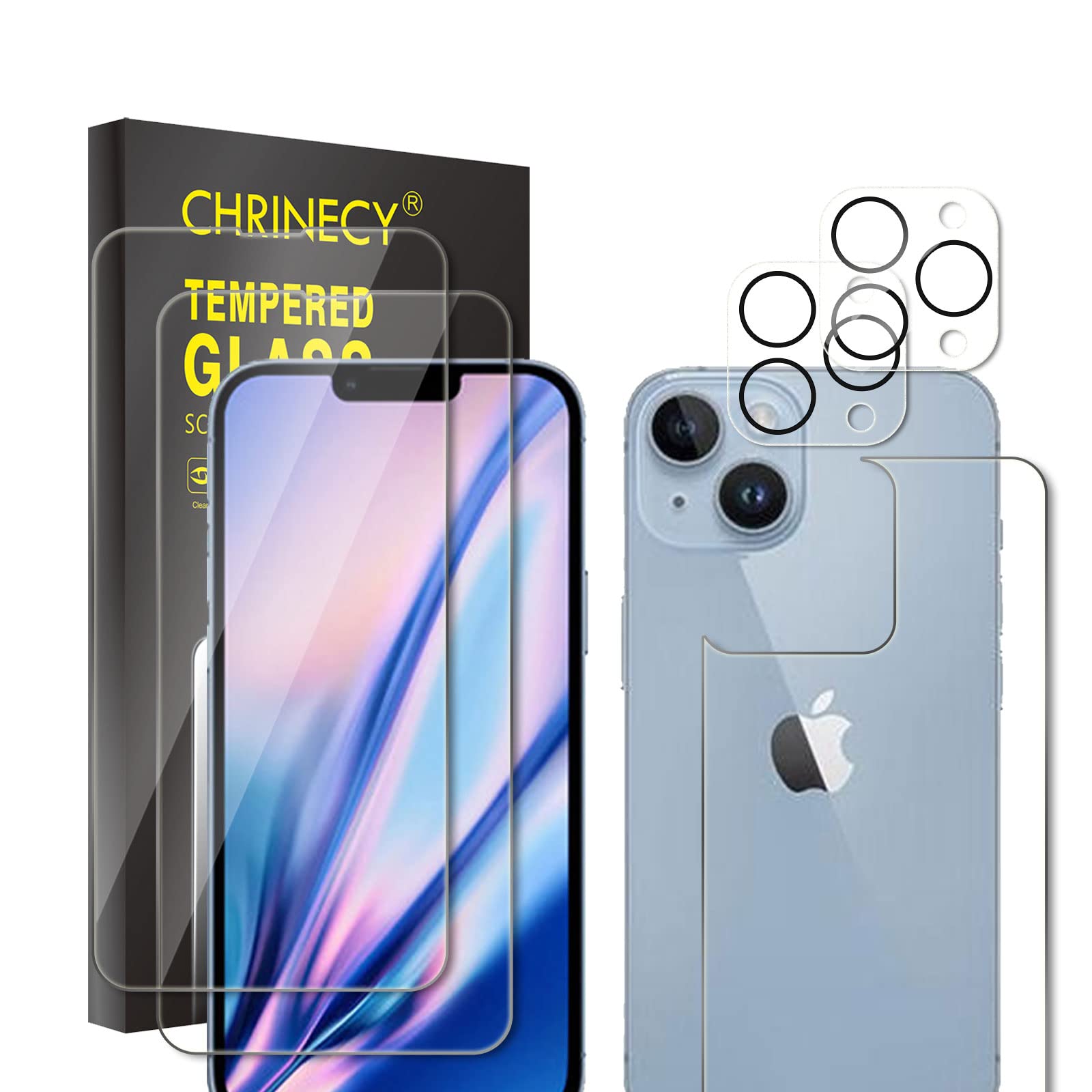 CHRINECY Tempered Glass Screen Protector for iPhone 14 (2 Pack)+Back Screen Protector+Camera Lens Protector (2 Pack), 9H Hardness, Anti-Scratch, No Bubbles