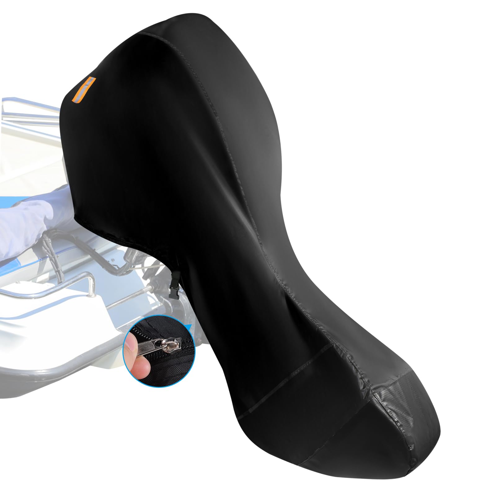 Full Outboard Motor Cover for 100-150 HP, 420D Oxford Boat Engine Cover Dust Rian Snow UV Wind Protection with 2 Reflective Strips, 2 Drawstring Cords, Waterproof Zipper and Adjustable Buckle