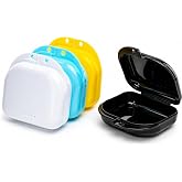 BOOMIBOO Retainer Case with Vent Holes, 4 Pcs Denture Cases | Durable &amp; Similar Mouth Guard Case for Black, White, Yellow and Blue - Tight Snap Lock, Easy to Use