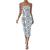 SOLY HUX Women's Boho Midi Dress Strapless Sleeveless Bodycon Tube Dresses